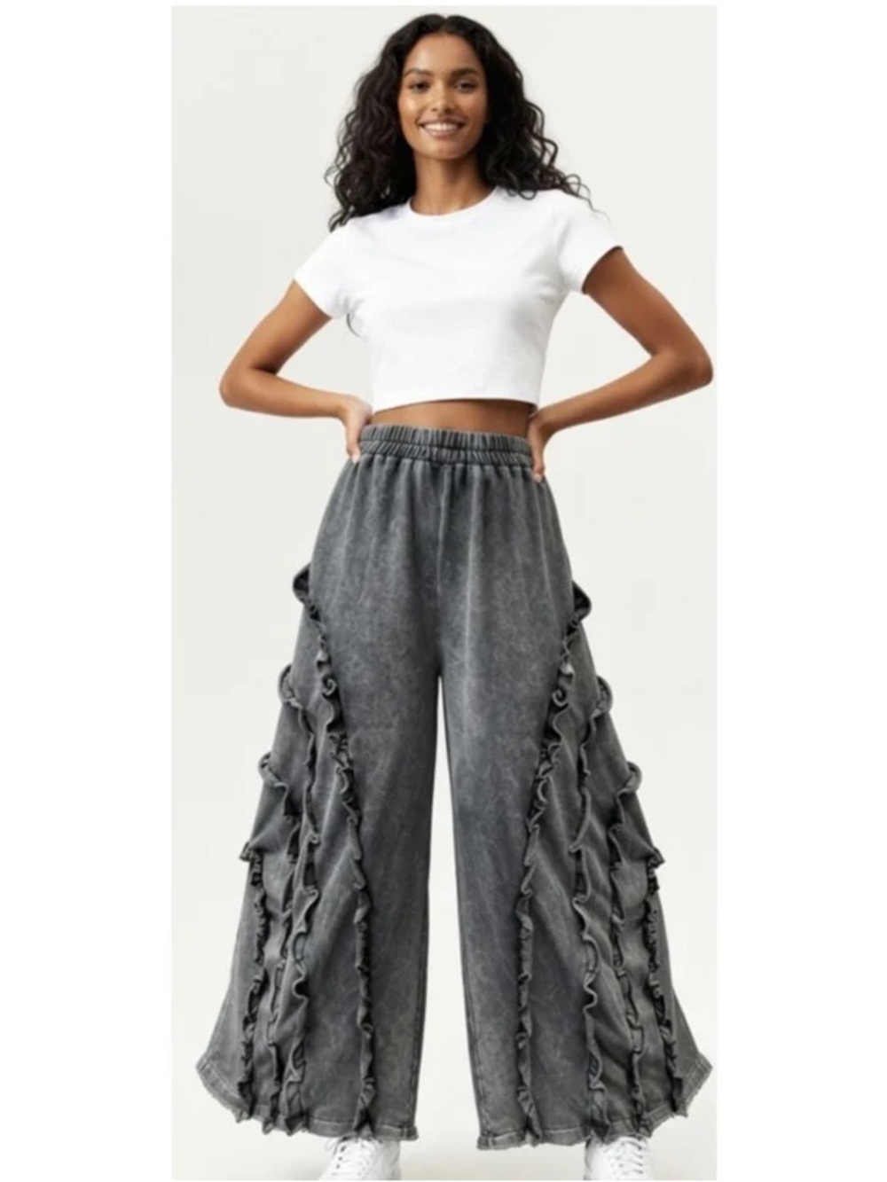 Kori America Ruffle-Trim High Rise Super Wide-Leg French Terry Pants Boho